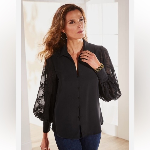 Soft Surroundings Lorenza Blouse Women Sz Large Embroidered Long Sleeve Black - Picture 1 of 11